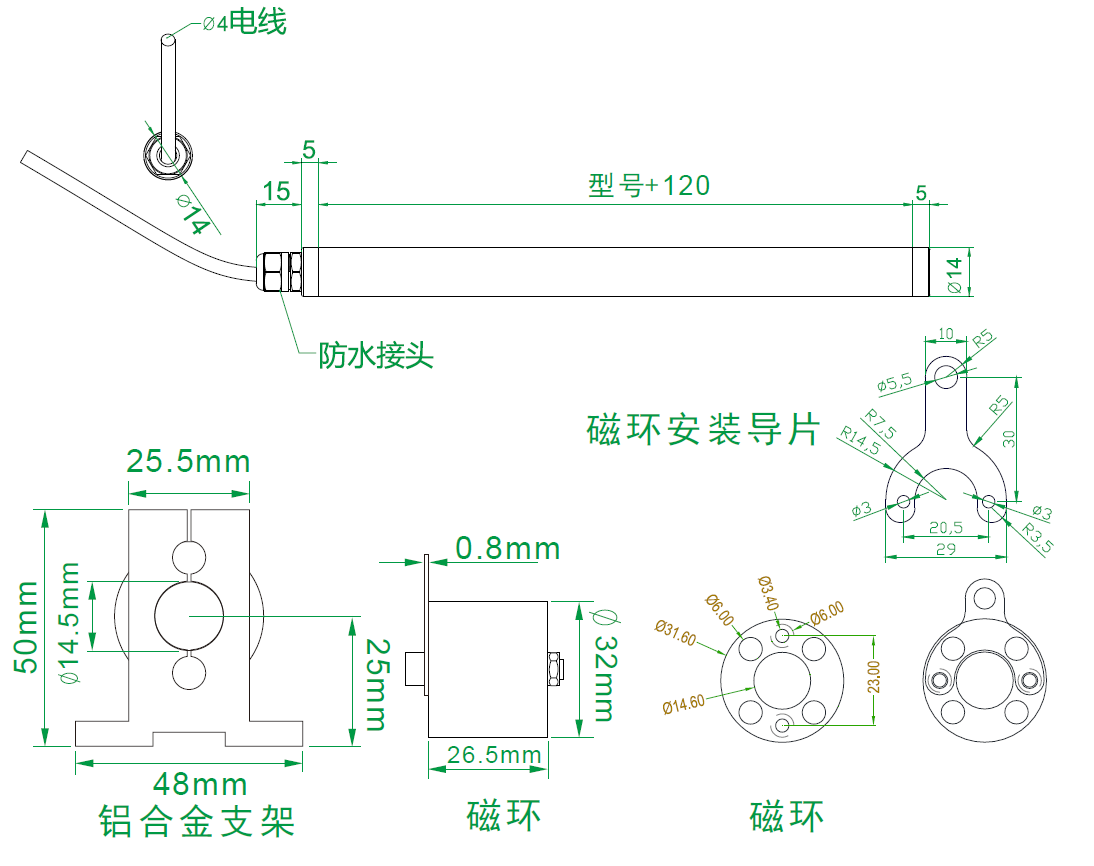 MIRAN米朗PME14磁阻式直線(xiàn)位移傳感器安裝尺寸圖電子尺電阻尺