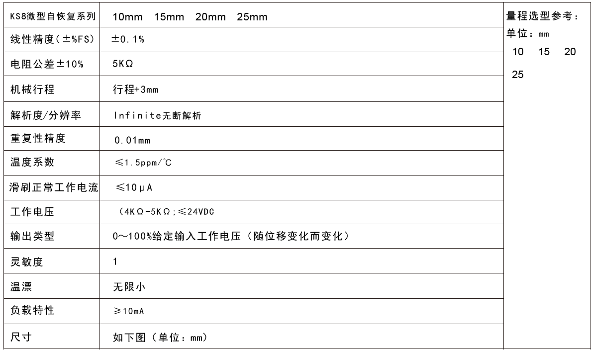 KS8微型內置彈簧自復位式位移傳感器技術(shù)參數S8FLP10A