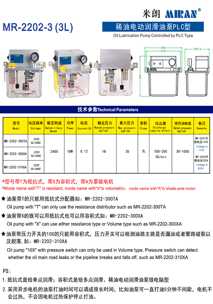 米朗MR-2202 (3L) PLC型電動(dòng)潤滑油泵（3L稀油泵）產(chǎn)品及尺寸圖