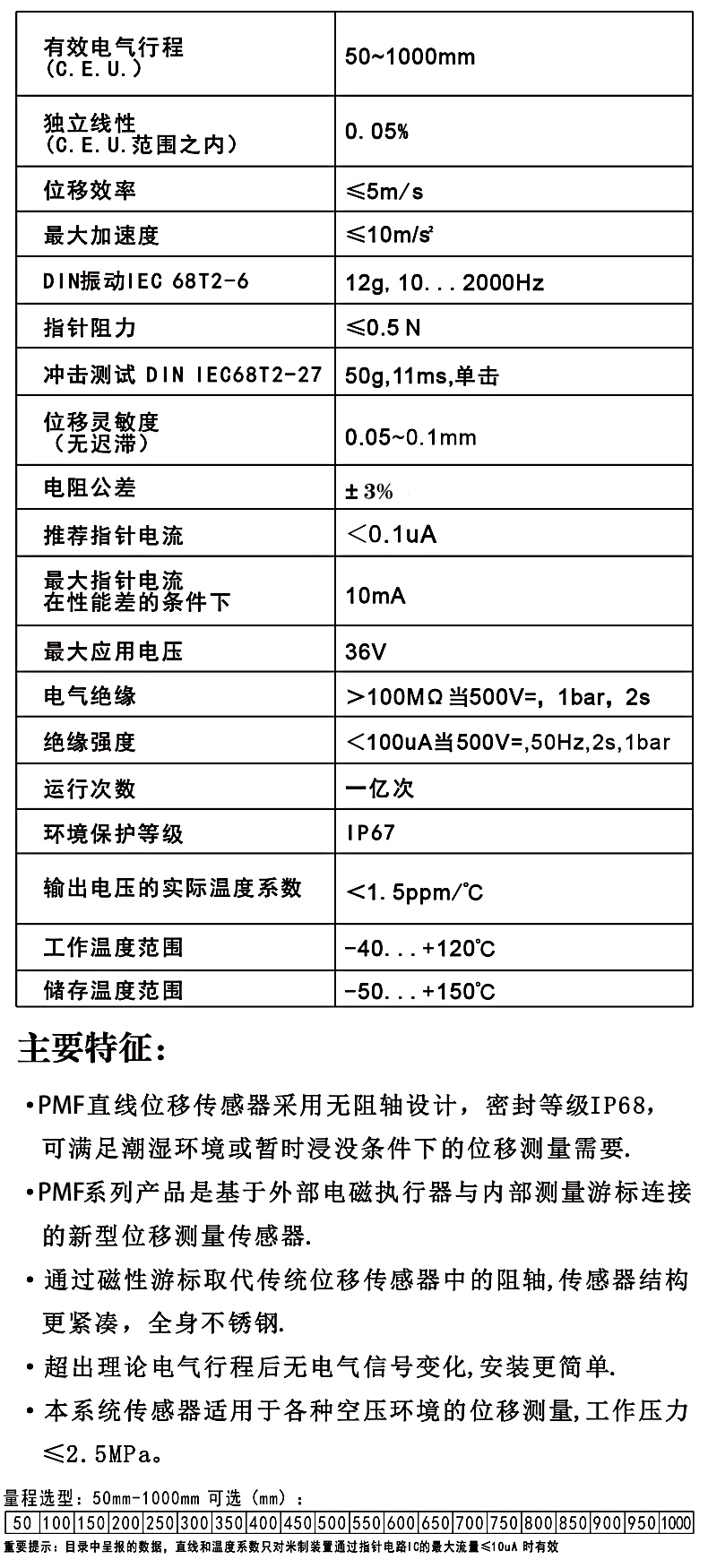 PMF滑塊磁阻式位移傳感器性能參數